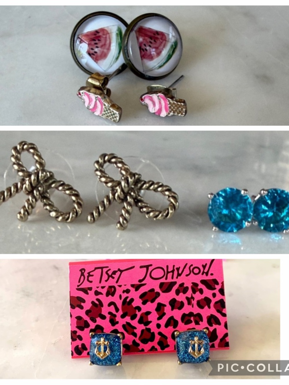 5 Sets Summer Earring Bundle Watermelon, Ice Cream Cone, Bows, Blue Studs